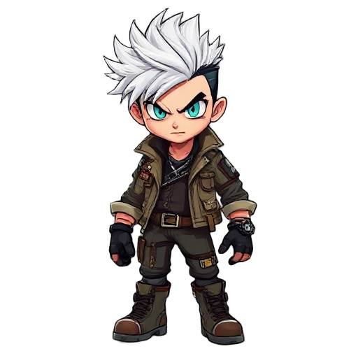 wild, spiky white hair with dark undercut, sharp turquoise eyes filled with defiance. wears a patched-up, ragged jacket with multiple zippers and buckles, tattered gloves, and combat boots. his clothing is lay