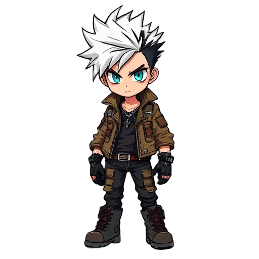 a gritty, anime-style teenage delinquent with a punk-inspired look. rudo from gachiakuta — wild, spiky white hair with dark undercut, sharp turquoise eyes filled with defiance. wears a patched-up, ragged jacket with multiple zippers and buckles, tattered 