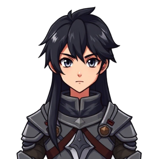 anime character portrait, a adult boy with long black hair beaultiful, medieval armor, pixel art style