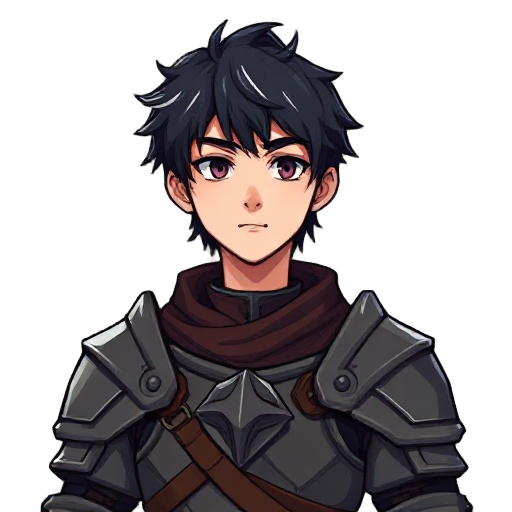 anime character portrait, a teenage boy with medium black hair beaultiful, medieval armor, pixel art style