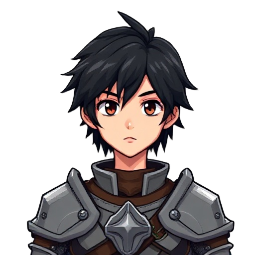 anime character portrait, a adult boy with long black hair beaultiful, medieval armor, pixel art style