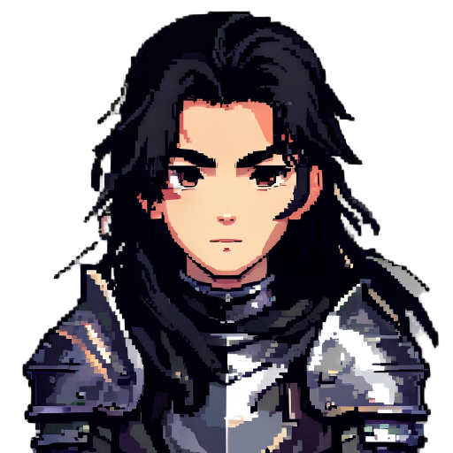 anime character portrait, a adult boy with long black hair beaultiful, medieval armor, pixel art style