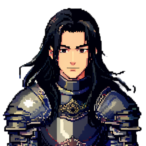 anime character portrait, a adult boy with long black hair beaultiful, medieval armor, pixel art style