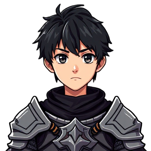 anime character portrait, a adult boy with medium black hair beaultiful, medieval armor, pixel art style