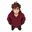  young adult man in a slightly degraded but still functional state. he should have pale skin, messy brown hair, dark eye bags, and slight facial hair. he's wearing a worn-out dark red hoodie over a st