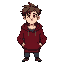  young adult man in a slightly degraded but still functional state. he should have pale skin, messy brown hair, dark eye bags, and slight facial hair. he's wearing a worn-out dark red hoodie over a st