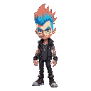 create a 2d character art of a male punk rocker with a bold and edgy style. he has a vibrant mohawk hairstyle, dyed in striking colors like electric blue or neon green, with sharp, spiked edges