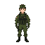 generate a main character for a rpg shooter game. simple character design, clear silhouette, wearing a green military uniform, dark tactical vest,