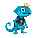 character description – leo leo is a small anthropomorphic chameleon with a royal blue body and turquoise highlights on his tail, hands, and feet. he wears a simple golden crown that shows his princely heritage and a dark blue tunic with a golden emblem o
