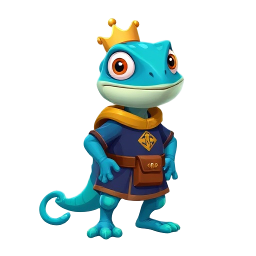 character description – leo leo is a small anthropomorphic chameleon with a royal blue body and turquoise highlights on his tail, hands, and feet. he wears a simple golden crown that shows his princely heritage and a dark blue tunic with a golden emblem o