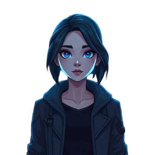 create a detailed digital art of dra. elara myles as a holographic projection in a dark, dystopian sci-fi setting. she appears semi-transparent with a soft blue glow and faint scan lines flickering in