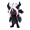 pixel art in the style of little fighter 2, depicting a dark, demon-like character named kael. he has long white hair, glowing red eyes with a menacing expression, black horns on his head, and wears a