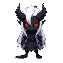 pixel art in the style of little fighter 2, depicting a dark, demon-like character named kael. he has long white hair, glowing red eyes with a menacing expression, black horns on his head, and wears a