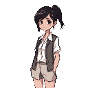 mulher jovem de 19 anos pele pálida cabelos escuros e levemente bagunçados veste roupas simples de paciente camisa clara calça cinza com uma jaqueta escura desgastada aparência introspectiva e um pouco assustada estilo sombrio inspirado em jogos de terror
