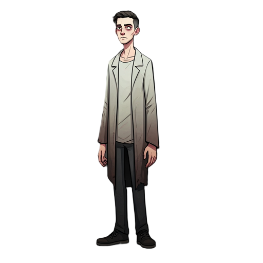  jovem de 19 anos, pele pálida, cabelos escuros e levemente bagunçados, veste roupas simples de paciente (camisa clara, calça cinza) com uma jaqueta escura desgastada. aparência introspectiva e um pouco assustada, estilo sombrio inspirado em jogos de terr