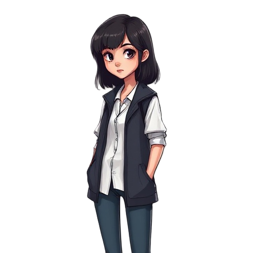 mulher jovem de 19 anos pele pálida cabelos escuros e levemente bagunçados veste roupas simples de paciente camisa clara calça cinza com uma jaqueta escura desgastada aparência introspectiva e um pouco assustada estilo sombrio inspirado em jogos de terror