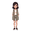  jovem mulher de 19 anos pele pálida cabelos escuros e levemente bagunçados veste roupas simples de paciente camisa clara calça cinza com uma jaqueta escura desgastada aparência introspectiva e um pouco assustada estilo sombrio inspirado em jogos de terro