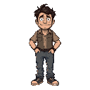 "a male survivor character, mid 30s, scruffy and tired appearance, satirical horror-comedy style, messy short dark hair, light beard stubble, expressive sarcastic face, slightly overweight, casual worker clothes: wrinkled shirt, old jeans, worn sneakers