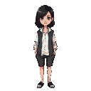 mulher jovem de 19 anos pele pálida cabelos escuros e levemente bagunçados veste roupas simples de paciente camisa clara calça cinza com uma jaqueta escura desgastada aparência introspectiva e um pouco assustada estilo sombrio inspirado em jogos de terror