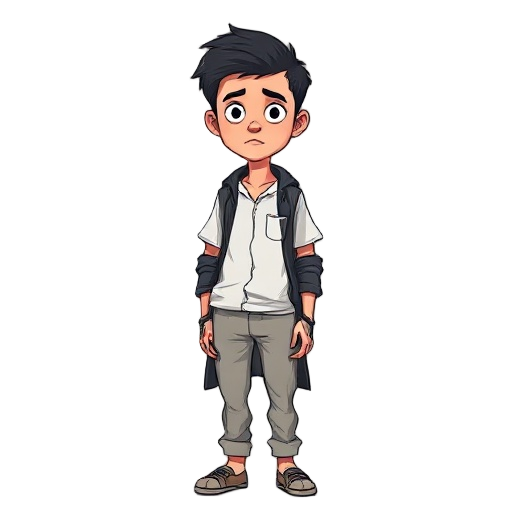  jovem de 19 anos, pele pálida, cabelos escuros e levemente bagunçados, veste roupas simples de paciente (camisa clara, calça cinza) com uma jaqueta escura desgastada. aparência introspectiva e um pouco assustada, estilo sombrio inspirado em jogos de terr