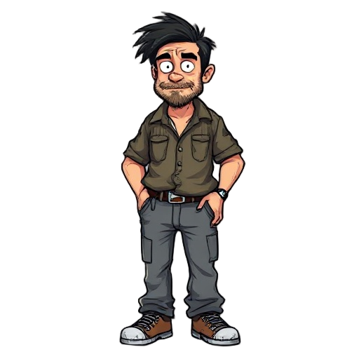 "a male survivor character, mid 30s, scruffy and tired appearance, satirical horror-comedy style, messy short dark hair, light beard stubble, expressive sarcastic face, slightly overweight, casual worker clothes: wrinkled shirt, old jeans, worn sneakers