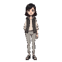  jovem mulher de 19 anos pele pálida cabelos escuros e levemente bagunçados veste roupas simples de paciente camisa clara calça cinza com uma jaqueta escura desgastada aparência introspectiva e um pouco assustada estilo sombrio inspirado em jogos de terro
