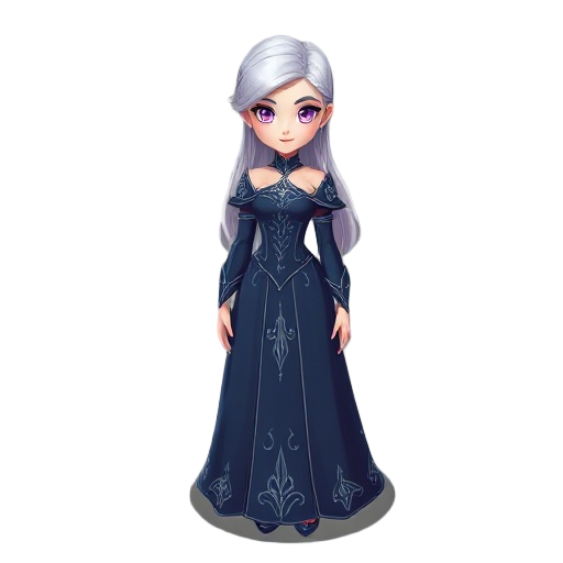 a young woman with silver hair and purple eyes; wearing a dark blue princess dress with silver embroidery; exuding mystery, elegance, and strength; confident and graceful in her presence.