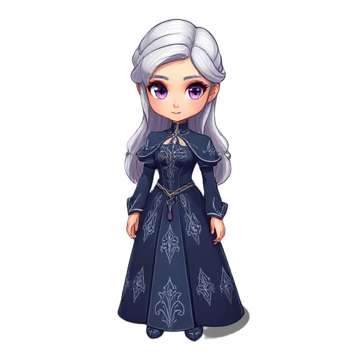 a young woman with silver hair and purple eyes; wearing a dark blue princess dress with silver embroidery; exuding mystery, elegance, and strength; confident and graceful in her presence.