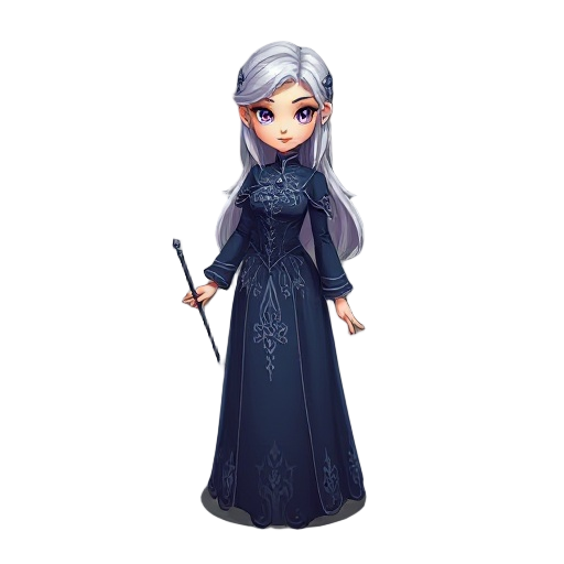 a young woman with silver hair and purple eyes; wearing a dark blue princess dress with silver embroidery; holding a wand; exuding a mysterious and elegant aura; confident and graceful.