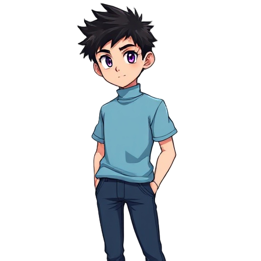 anime style boy, rpg, black spiky hair, purple eyes, light blue short sleeve turtleneck t-shirt, dark blue jeans.
