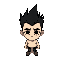 stylized 2d cartoon character inspired by don't starve art style, featuring a pale-skinned young man with exaggerated black spiky hair pointing upward, dark eye circles, and a serious expression.