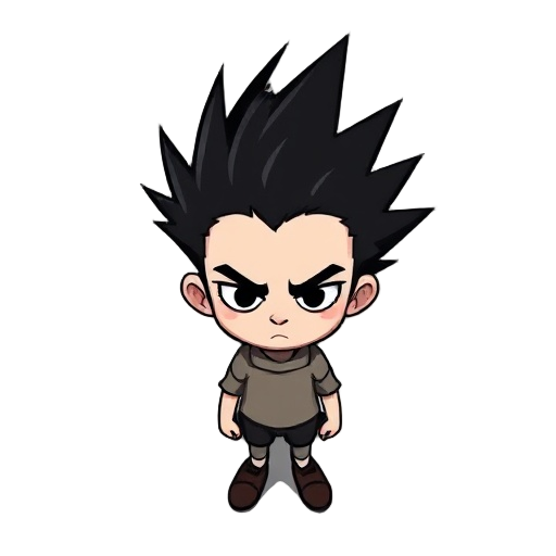 stylized 2d cartoon character inspired by don't starve art style, featuring a pale-skinned young man with exaggerated black spiky hair pointing upward, dark eye circles, and a serious expression.