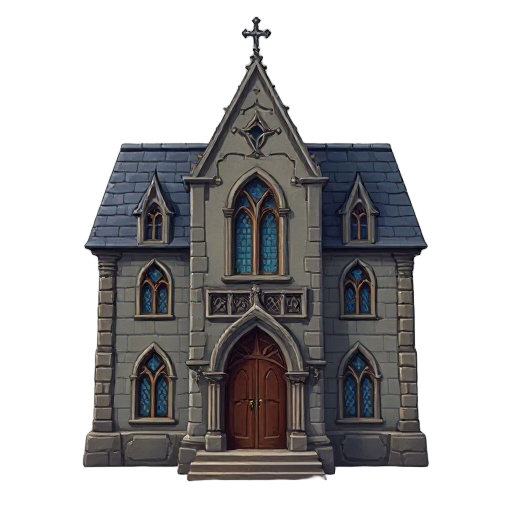a gothic style hd building for a 2d rpg video game. the main door and windows should face forward, but the perspective should be slightly from above, showing both the facade and a small part of the roof. not flat, not top-down, but a 3/4 angle from above.