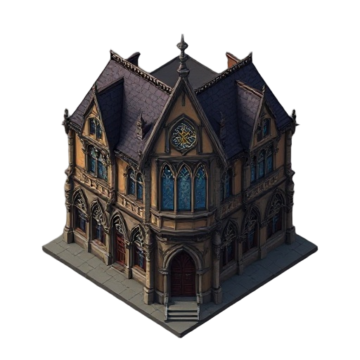 a gothic style hd building for a 2d rpg video game, inspired by the aesthetics of grandia 2. the perspective should be slightly top-down (3/4 view), not fully top-down, showing both the facade and part of the roof. the building should have gothic details: