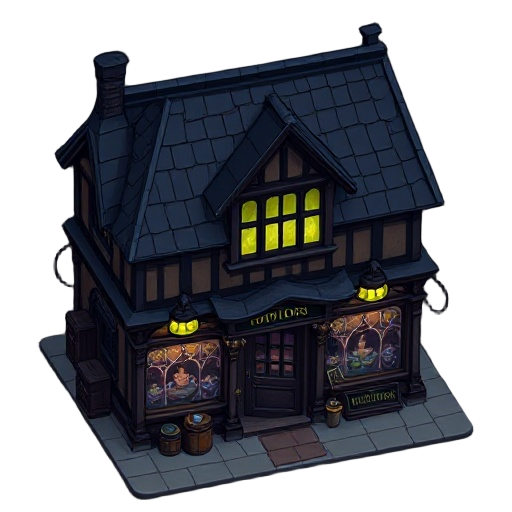 a dark gothic style hd potion shop building for a 2d rpg video game, inspired by the aesthetics of grandia 2. the perspective should be slightly top-down (3/4 view), not fully top-down, showing both the facade and part of the roof. the shop should have a 