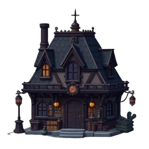 a dark goshop thic style hd potion building for a 2d rpg video game, inspired by the aesthetics of grandia 2.  not fully top-down, showing both the facade and part of the roof. the shop should have a mysterious and ominous atmosphere, with tall 