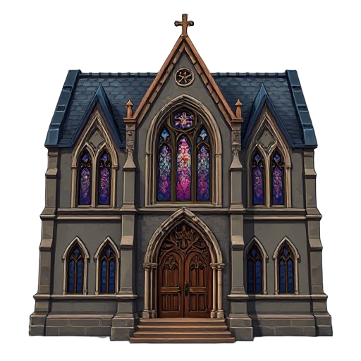  a gothic style hd building for a 2d rpg video game, slightly top-down (3/4 view), where the main door and windows are clearly seen from the front. the facade should face the player directly, with tall pointed arches, a large gothic front door, and staine