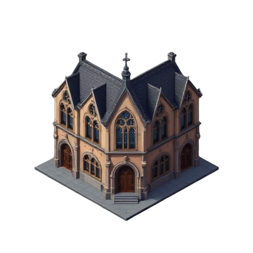 a gothic style hd building for a 2d rpg video game, inspired by the aesthetics of grandia 2. the perspective should be slightly top-down (3/4 view), not fully top-down, showing both the facade and part of the roof. the building should have gothic details: