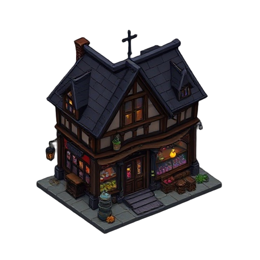 a dark gothic style hd potion shop building for a 2d rpg video game, inspired by the aesthetics of grandia 2. the perspective should be slightly top-down (3/4 view), not fully top-down, showing both the facade and part of the roof. the shop should have a 