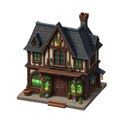 a gothic style hd potion shop building for a 2d rpg video game, inspired by the aesthetics of grandia 2. the perspective should be slightly top-down (3/4 view), not fully top-down, showing both the facade and part of the roof. the building should look lik