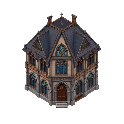 a gothic style hd building for a 2d rpg video game, inspired by the aesthetics of grandia 2. the perspective should be slightly top-down (3/4 view), not fully top-down, showing both the facade and part of the roof. the building should have gothic details: