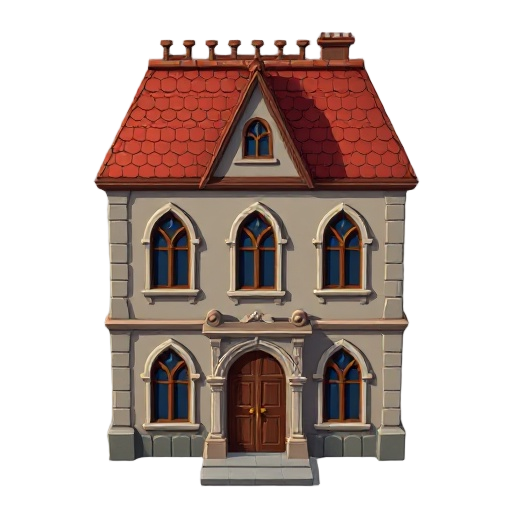 a gothic style hd building for a 2d rpg video game. the main door and windows should face forward, but the perspective should be slightly from above, showing both the facade and a small part of the roof. not flat, not top-down, but a 3/4 angle from above.