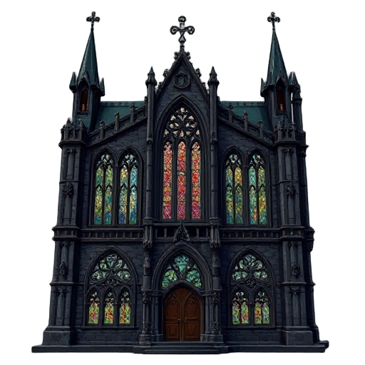 a gothic style hd building for a 2d video game, inspired by the visual aesthetics of grandia 2. the building should have tall arches, stained glass windows, and dark stone textures. dramatic gothic details like gargoyles, pointed towers, and iron decorati