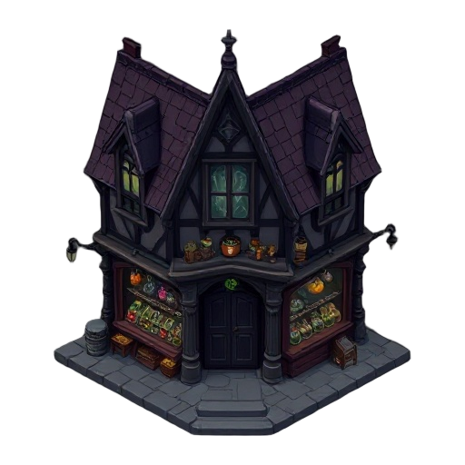 a dark gothic style hd potion shop building for a 2d rpg video game, inspired by the aesthetics of grandia 2. the perspective should be slightly top-down (3/4 view), not fully top-down, showing both the facade and part of the roof. the shop should have a 