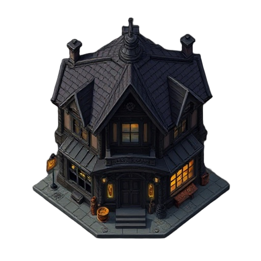a dark goshop thic style hd potion building for a 2d rpg video game, inspired by the aesthetics of grandia 2.  not fully top-down, showing both the facade and part of the roof. the shop should have a mysterious and ominous atmosphere, with tall 