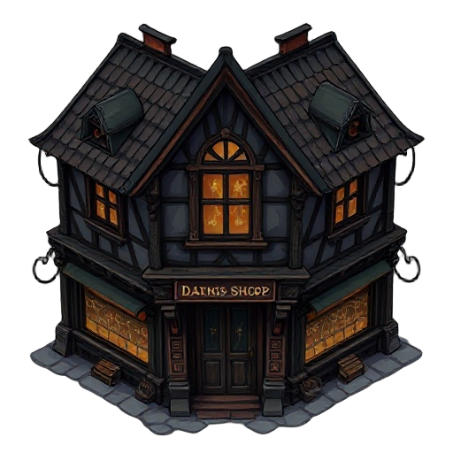 a dark goshop thic style hd arms building for a 2d rpg video game, inspired by the aesthetics of grandia 2.  not fully top-down, showing both the facade and part of the roof. the shop should have a mysterious and ominous atmosphere, with tall 