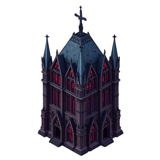 a gothic style hd tower-like building for a 2d rpg video game, slightly top-down (3/4 view). the structure should look like a vampire cathedral annex: tall spires, pointed arches, gargoyle statues, and stained glass windows with crimson and violet tones. 
