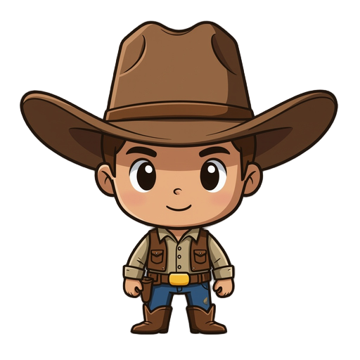 hat: wears a wide cowboy hat in brown with shading that indicates volume. the hat covers a large part of the head and extends to the sides.  eyes: no visible eyes. the "face" appears to be a completel
