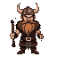 "a fierce viking in pixel art style, with a thick, braided beard, a horned helmet, and leather armor with metal details. he has a defiant stare, and holds a double-edged axe with norse carvings. his r
