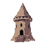 a side view of medieval wizard tower with wide rooftop and made of brick, entrance is after a flight of stairs